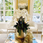 Delaney-Goldvase mit mehreren Stielen von Phalaenopsis-Orchideen und Sukkulenten